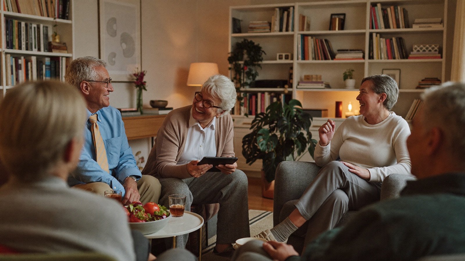 Four friends laughing together in a warm book-club living room, one holding a tablet.