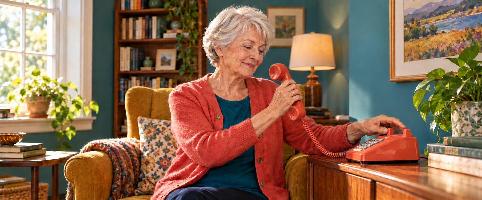 An older woman calmly ends a call on a coral telephone in a colorful, sunlit sitting room.