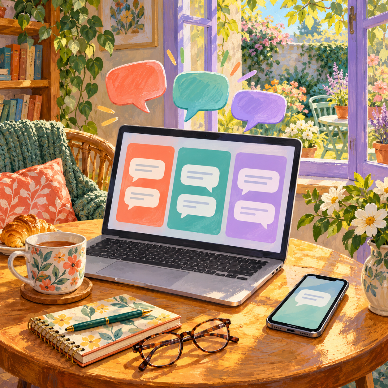 A sunny café table with a laptop showing colorful conversation windows, a phone, tea, and a notebook.