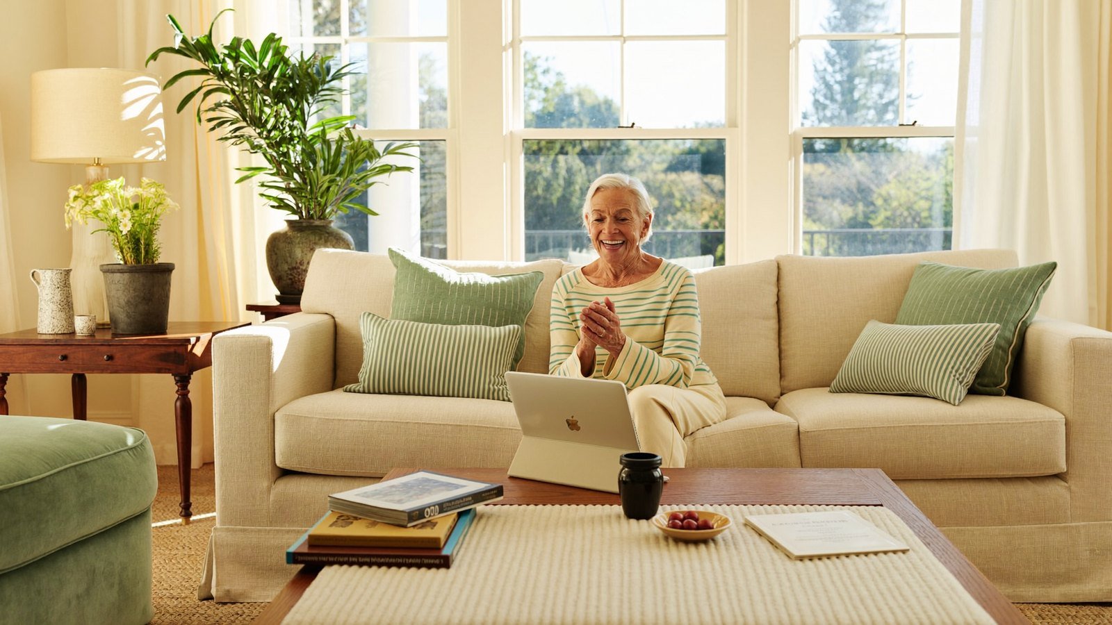A comfortable living room with a couch, warm lamplight, and a small table by the window.