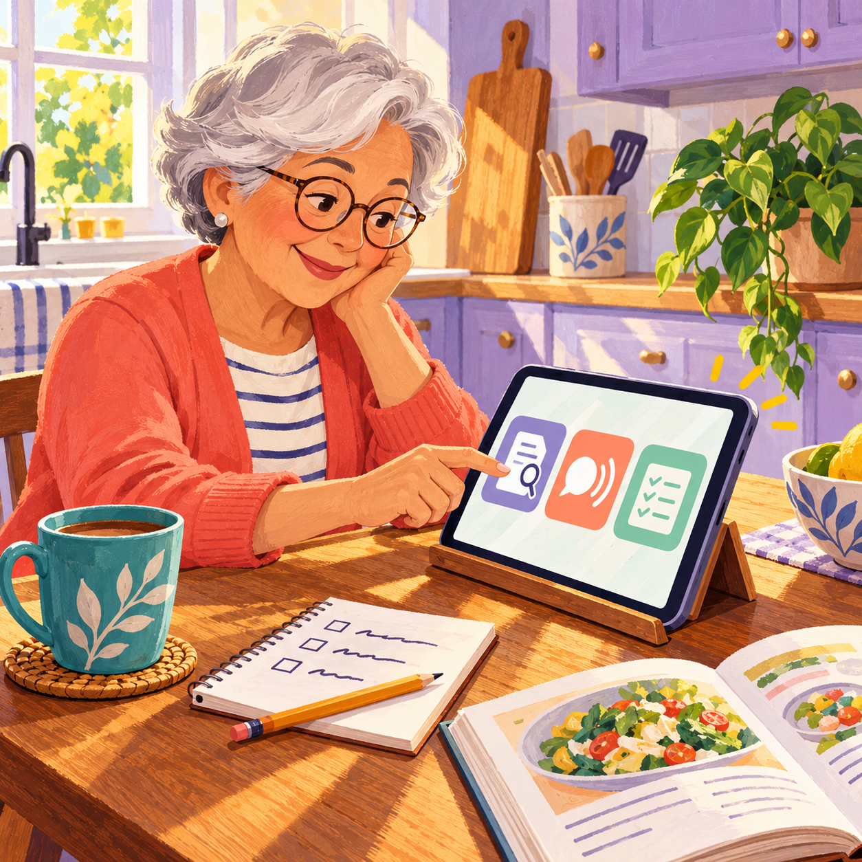 An illustrated older woman chooses reading, conversation, and planning tools on a tablet at a sunny kitchen table.