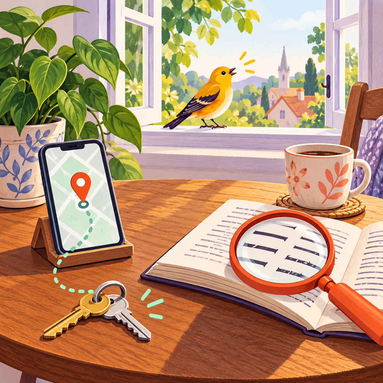 An illustrated phone helps find keys on a sunny table, a magnifying glass enlarges a book’s print, and a golden bird sings at the open window.