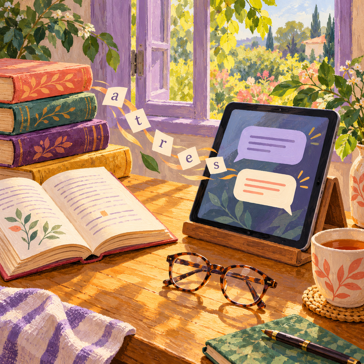 A sunny illustrated desk with colorful books, floating letter tiles, and a tablet showing a conversation, a visual metaphor for patterns in language.