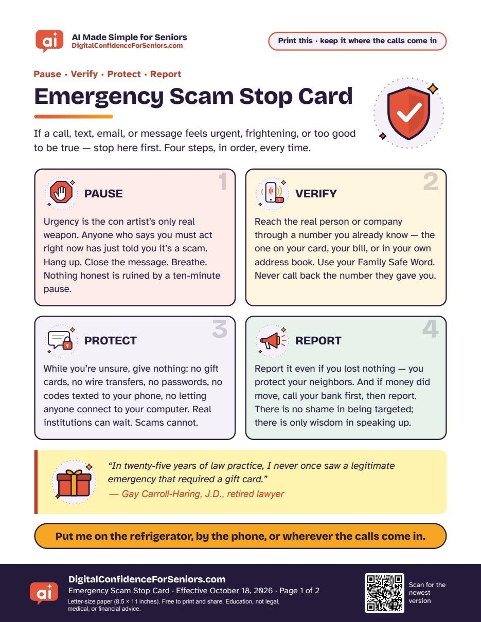 Page 1 of 2 of Emergency Scam Stop Card