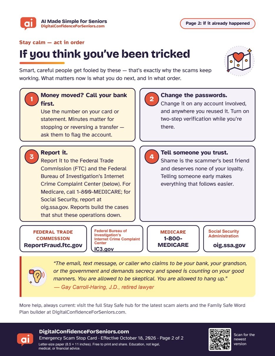 Page 2 of 2 of Emergency Scam Stop Card