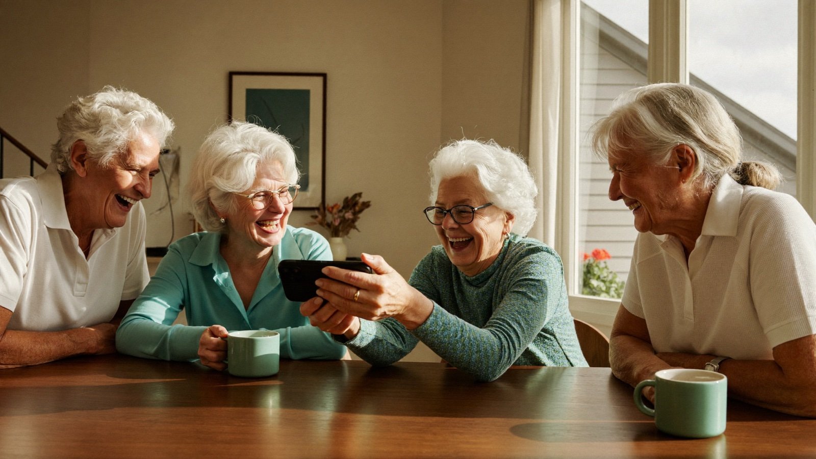 A group of cheerful older friends around a sunny table, laughing as one of them shares something on her phone.