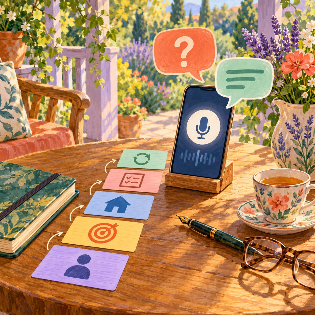 A phone microphone and colorful prompt cards on a sunny porch table.
