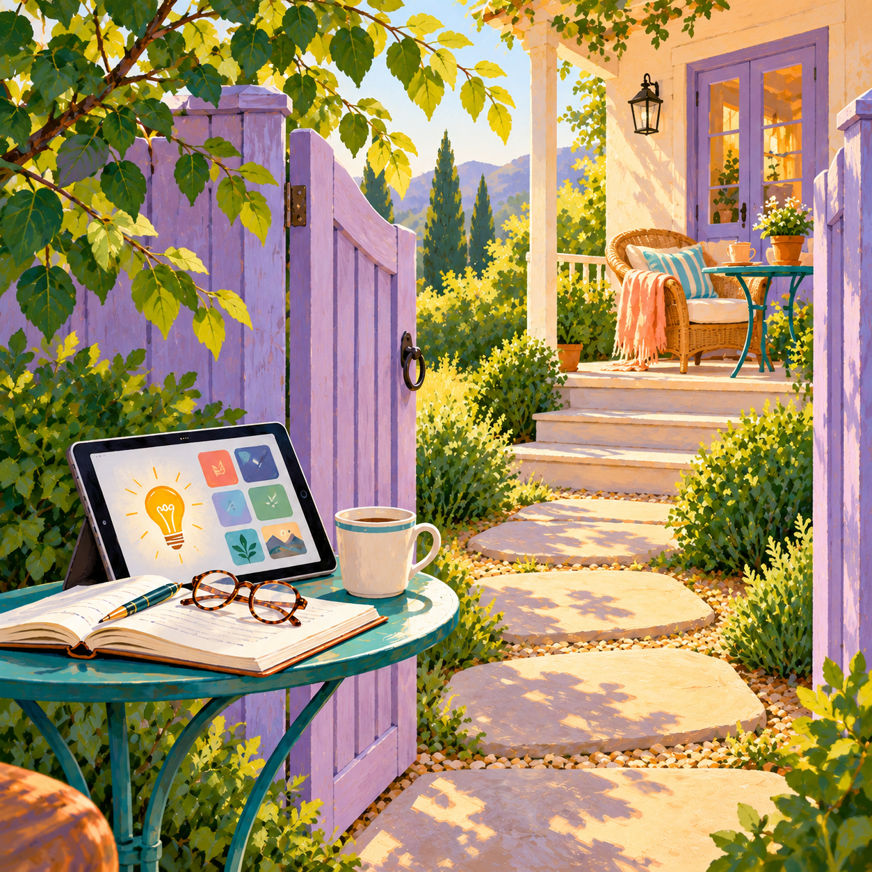 A sunlit garden gate and stepping stones beside a tablet and notebook.