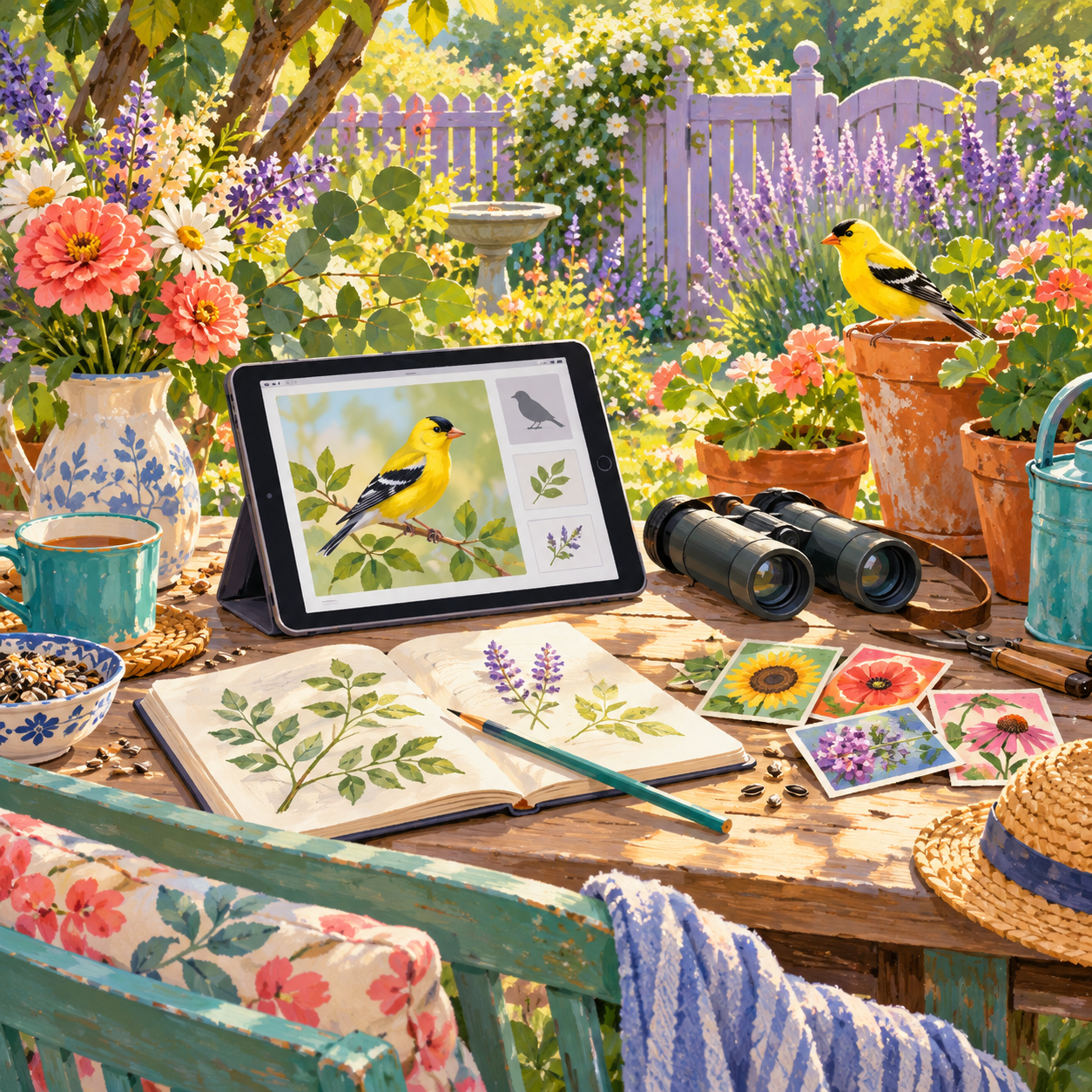 A yellow bird, binoculars and a tablet on a garden table.