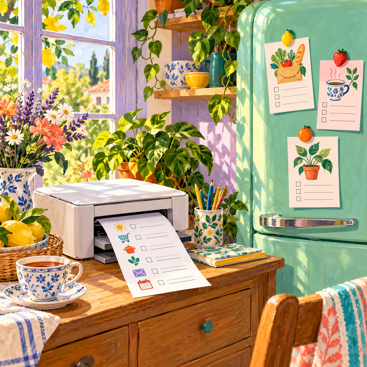 Colorful guides on a refrigerator beside a printer and pencils.