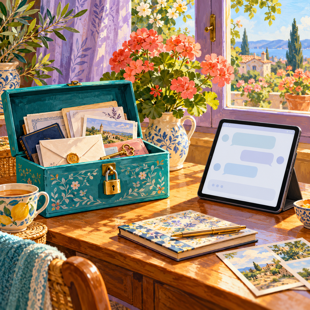 A teal keepsake box holding personal papers beside a tablet.