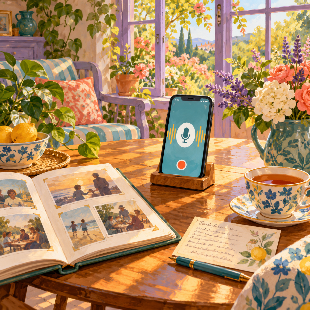 A phone ready to record beside a photo album and a recipe card.