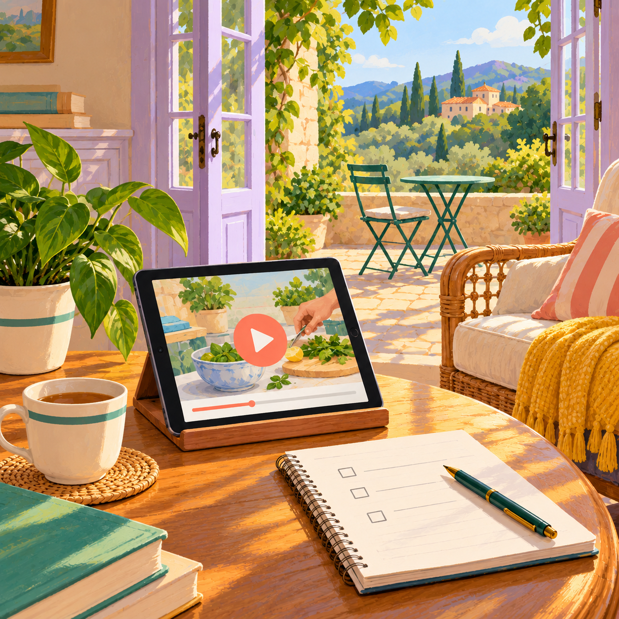 A tablet with a play button beside a notebook in a sunny reading nook.