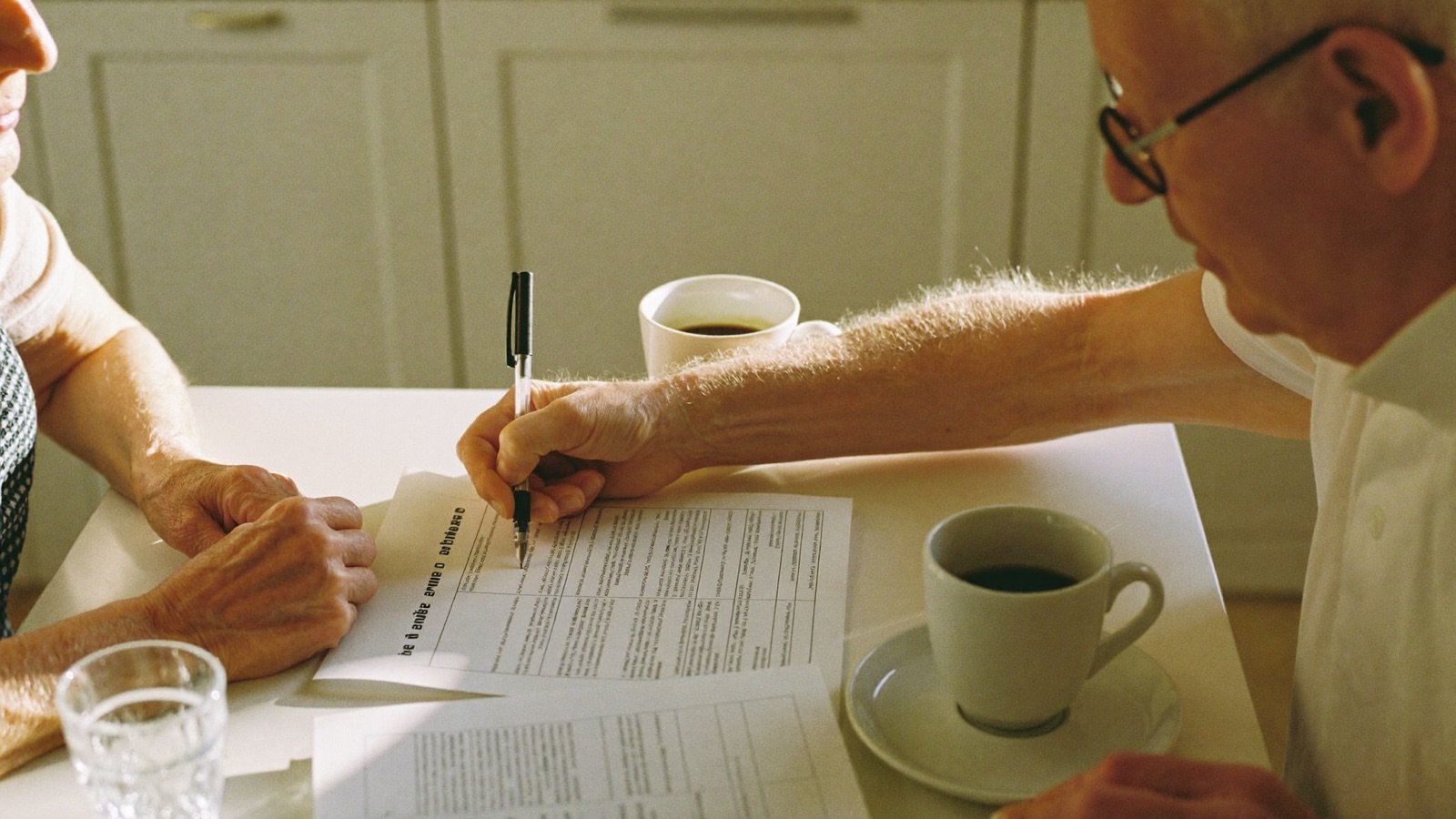 A couple fills out a worksheet together at their kitchen table in morning light.